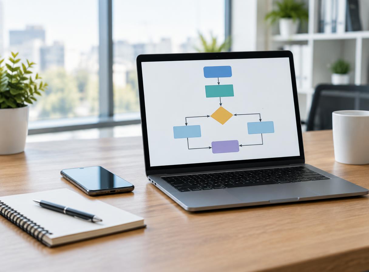 A laptop on a desk showing a simple automation flowchart