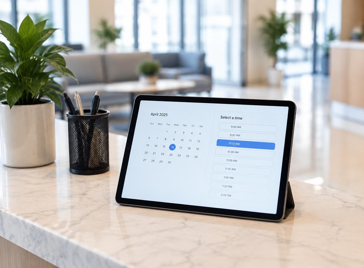 A tablet on a front desk showing an online booking calendar