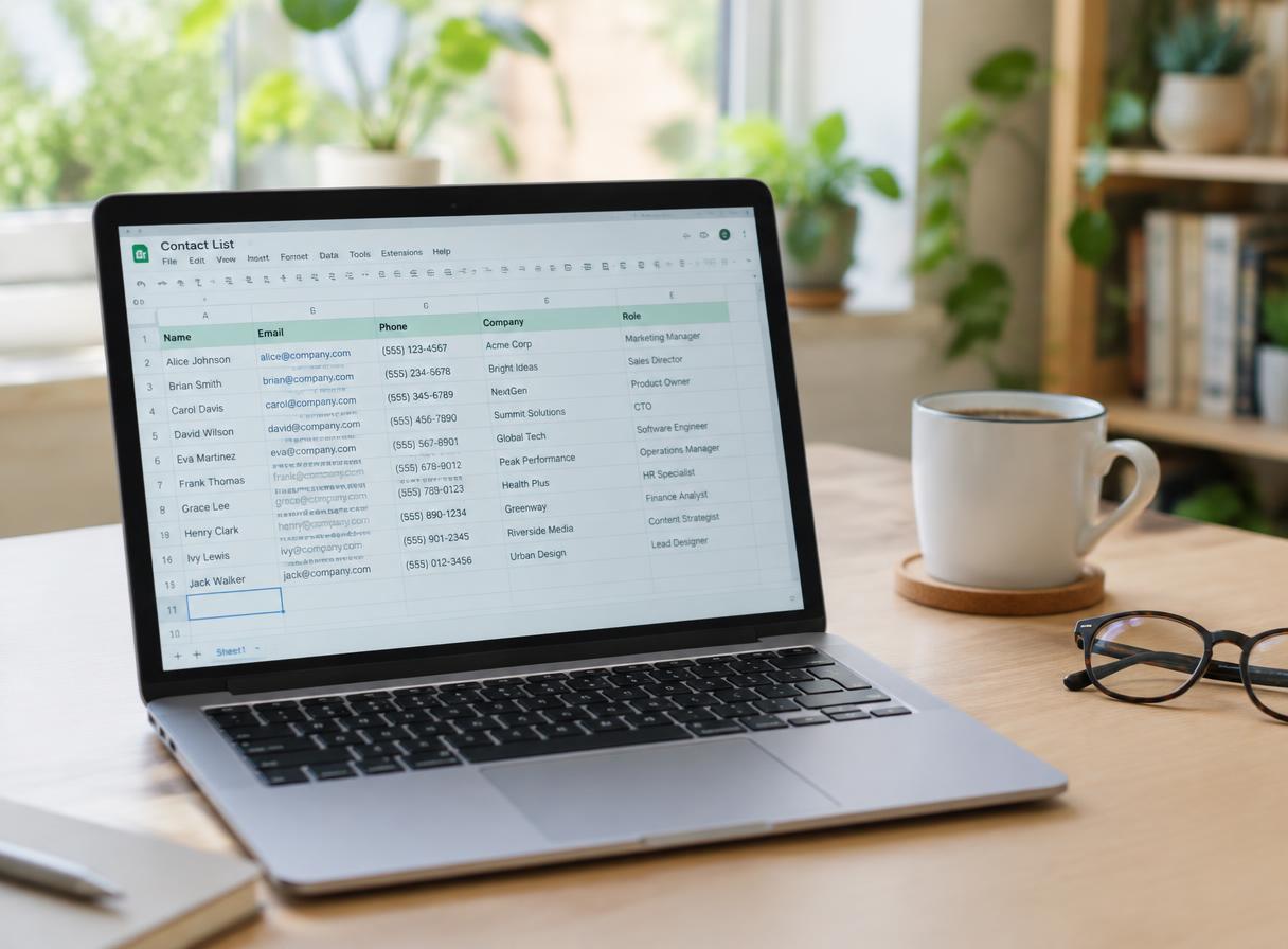 A laptop on a desk showing an organized contact list