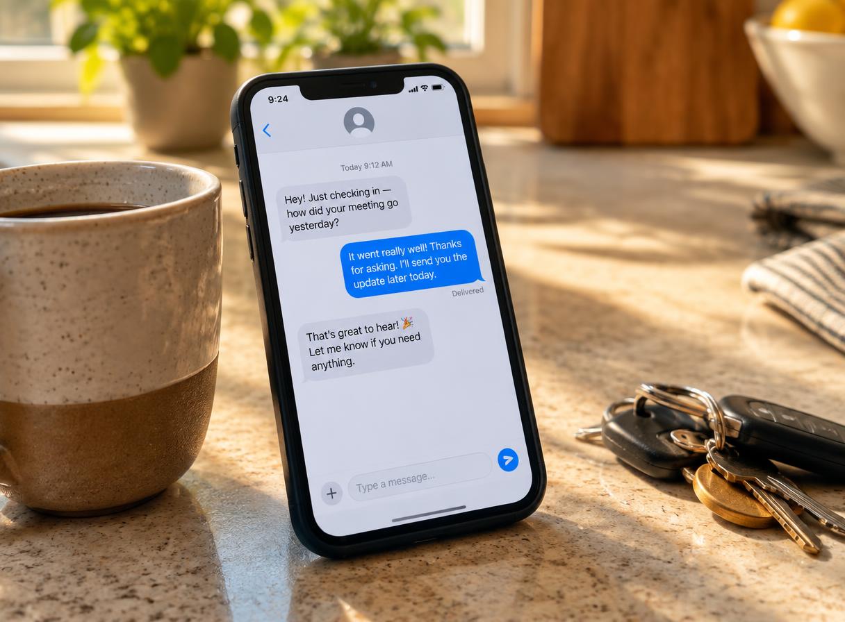 A phone on a kitchen counter showing a friendly follow up text conversation