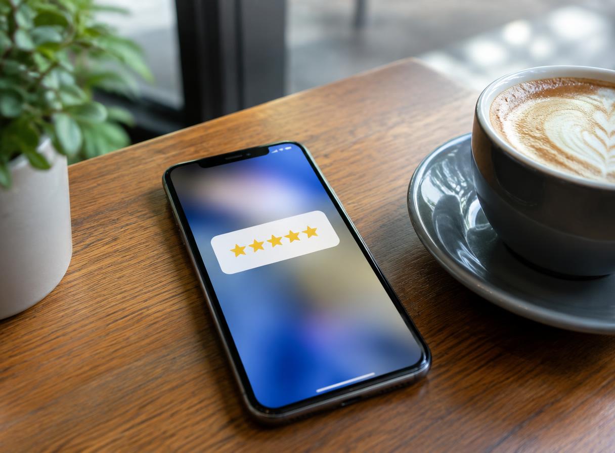 A phone on a cafe table showing a new five star review