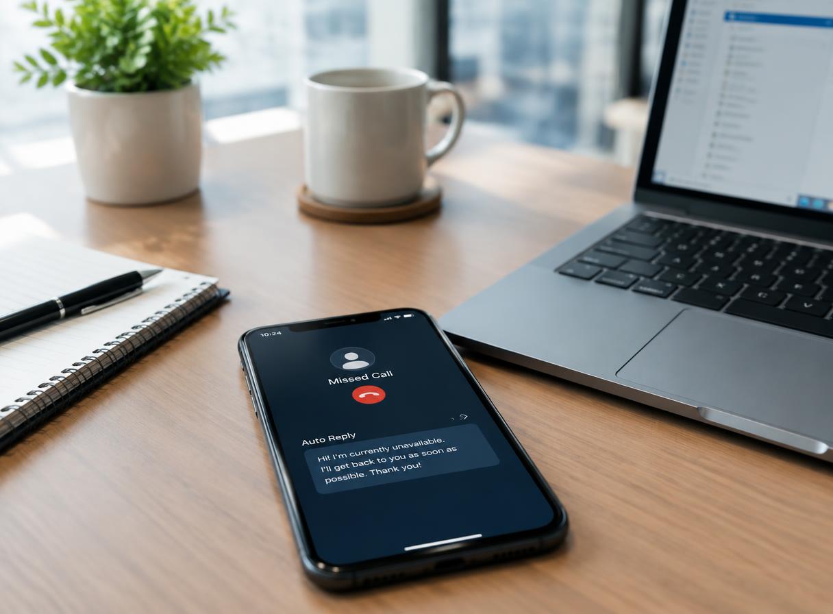 A phone on a desk showing a missed call with an automatic text reply