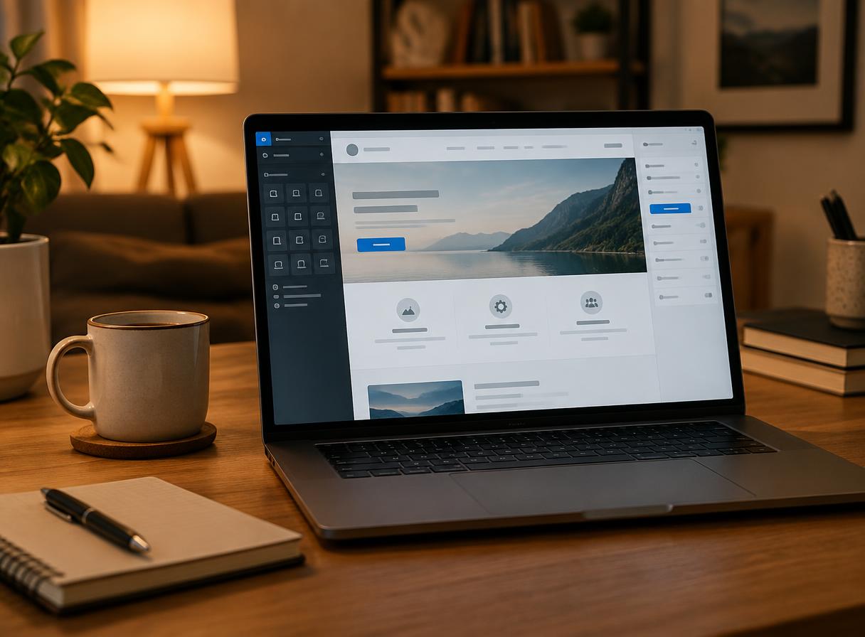 A laptop on a wooden desk showing a business website being updated